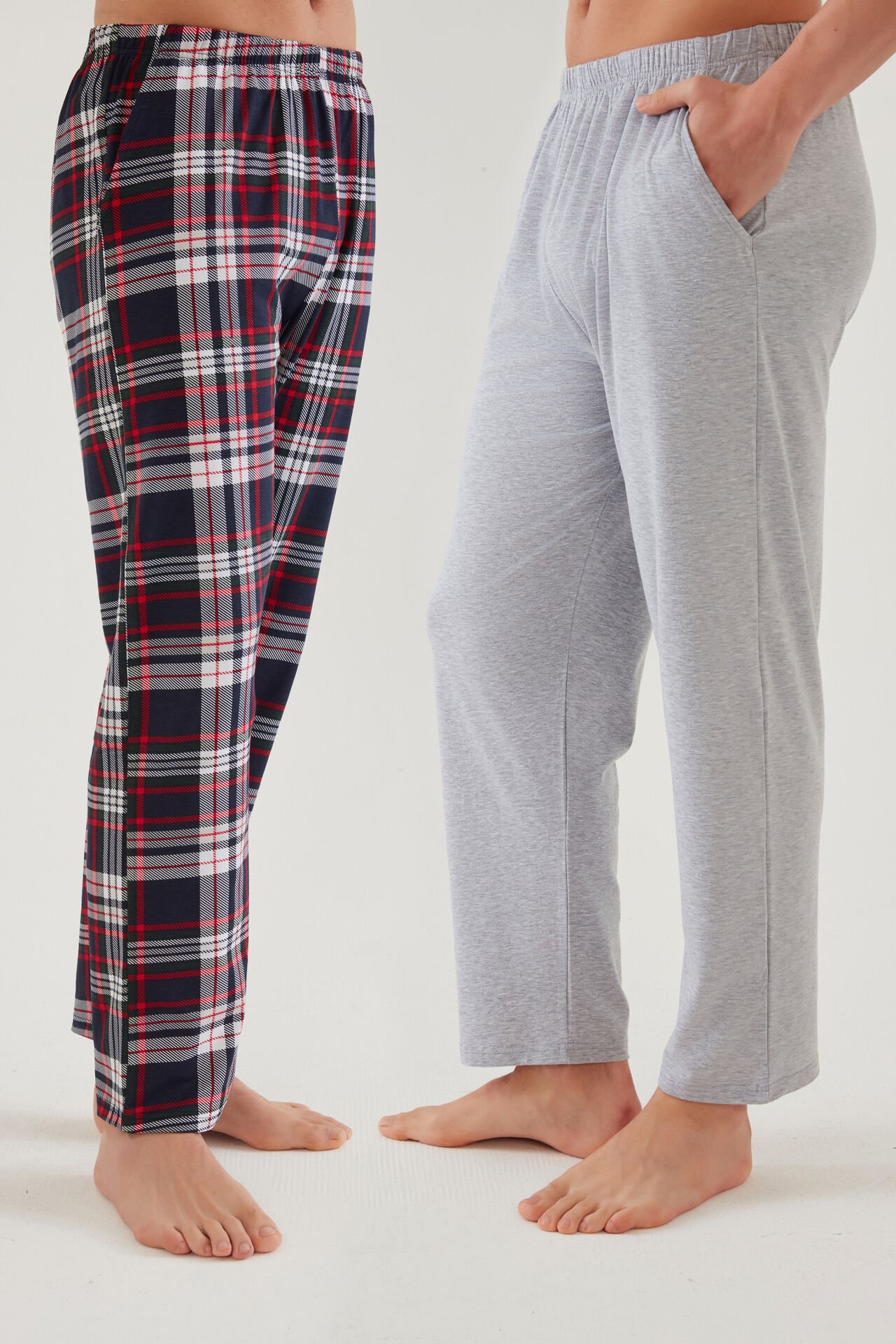 Erkek Pamuklu 2'li Tek Alt Pijama Lacivert - Gri Melanj - L