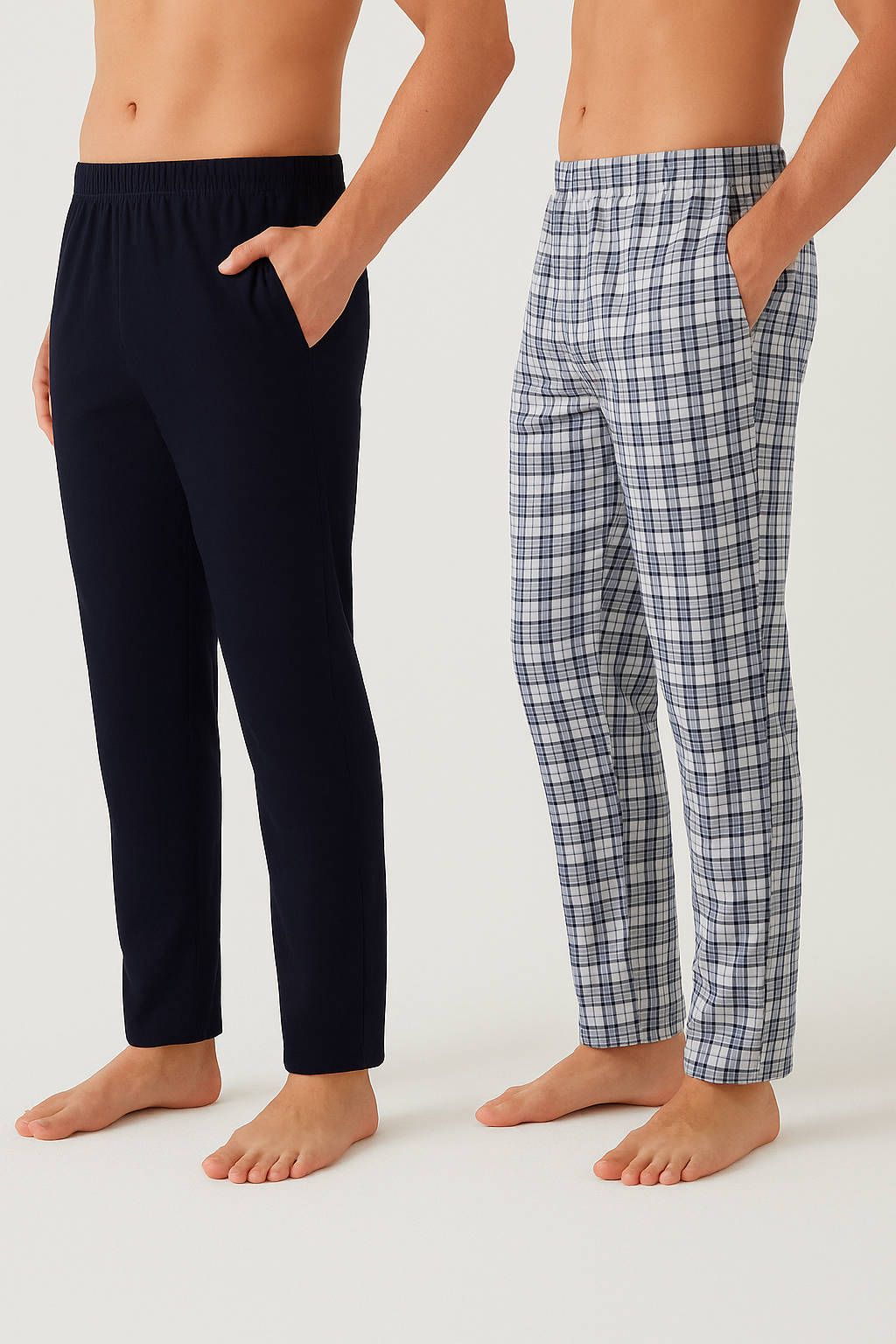 Erkek Pamuklu 2'li Tek Alt Pijama Lacivert- Ekru - M