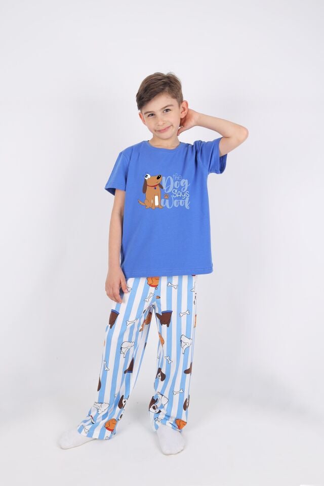 Erkek Çocuk Kısa Kollu Pamuklu Hayvan Desenli Pijama Takımı 5-6 Yaş - Mavi - Beyaz