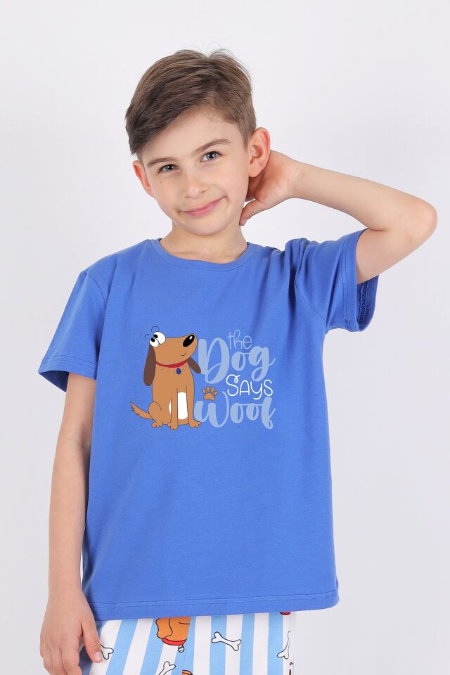 Erkek Çocuk Kısa Kollu Pamuklu Hayvan Desenli Pijama Takımı 5-6 Yaş - Mavi - Beyaz