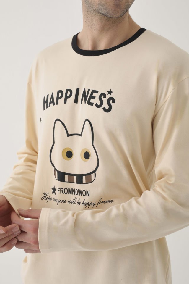 Erkek Pamuklu Uzun Kollu Üst Baskılı Alt Çizgili Cep Detaylı Pijama Takımı