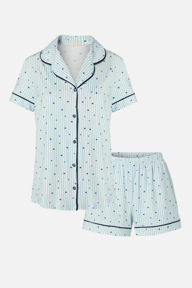 Kadın Gömlek Yaka Kısa Kollu Pamuklu Yıldız Desenli Şortlu Pijama Takımı