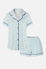 Kadın Gömlek Yaka Kısa Kollu Pamuklu Yıldız Desenli Şortlu Pijama Takımı