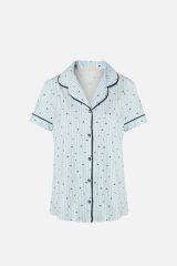 Kadın Gömlek Yaka Kısa Kollu Pamuklu Yıldız Desenli Şortlu Pijama Takımı