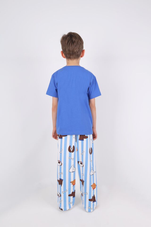 Erkek Çocuk Kısa Kollu Pamuklu Hayvan Desenli Pijama Takımı 9-10 Yaş - Mavi - Beyaz