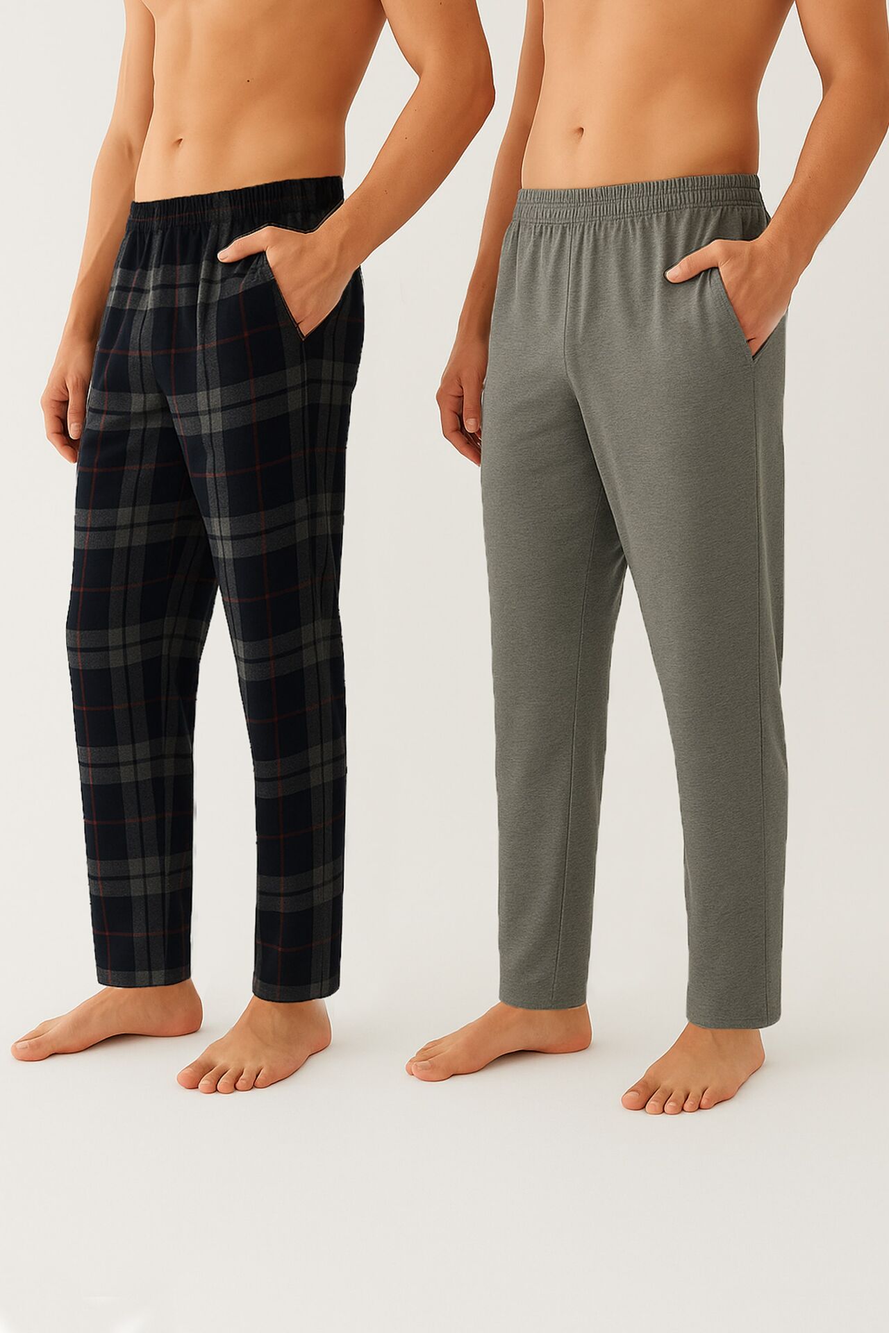Erkek Pamuklu 2'li Tek Alt Pijama Gri - Siyah - M