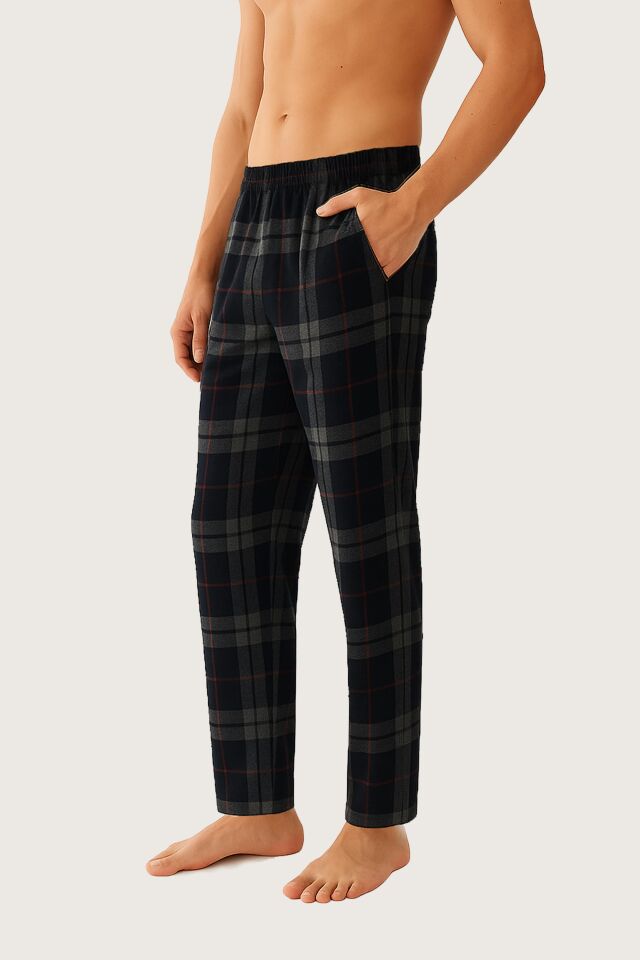 Erkek Pamuklu 2'li Tek Alt Pijama Gri - Siyah - M