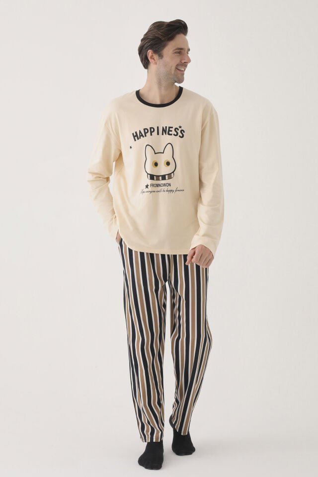 Erkek Pamuklu Uzun Kollu Üst Baskılı Alt Çizgili Cep Detaylı Pijama Takımı 2XL - Siyah - Kahverengi