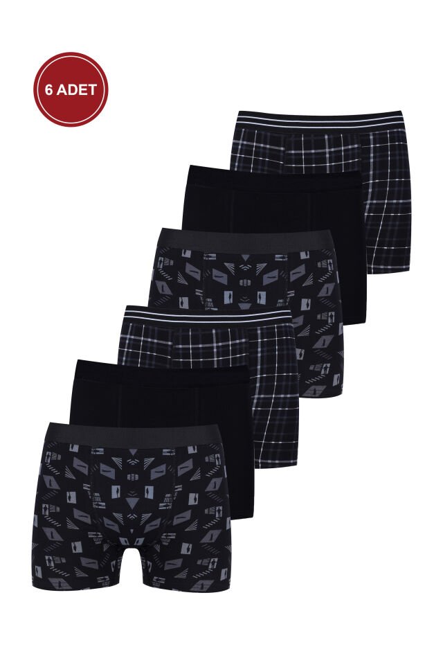 Erkek 6'lı Pamuklu Likralı Boxer Siyah - Füme - XL