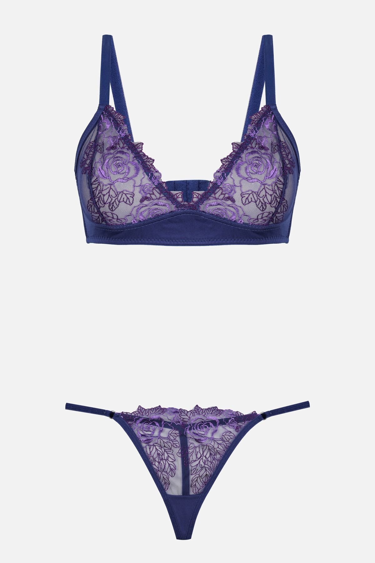 Kadın Tüllü Brodeli Sütyen Takım İndigo - 90B - İndigo - 90B