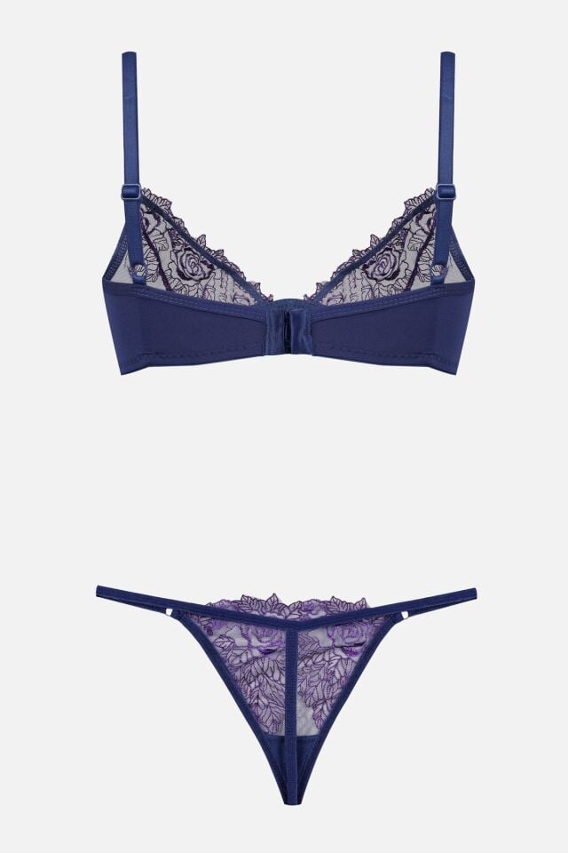 Kadın Tüllü Brodeli Sütyen Takım İndigo - 90B - İndigo - 90B