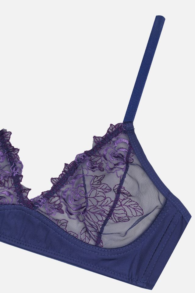 Kadın Tüllü Brodeli Sütyen Takım İndigo - 90B - İndigo - 90B