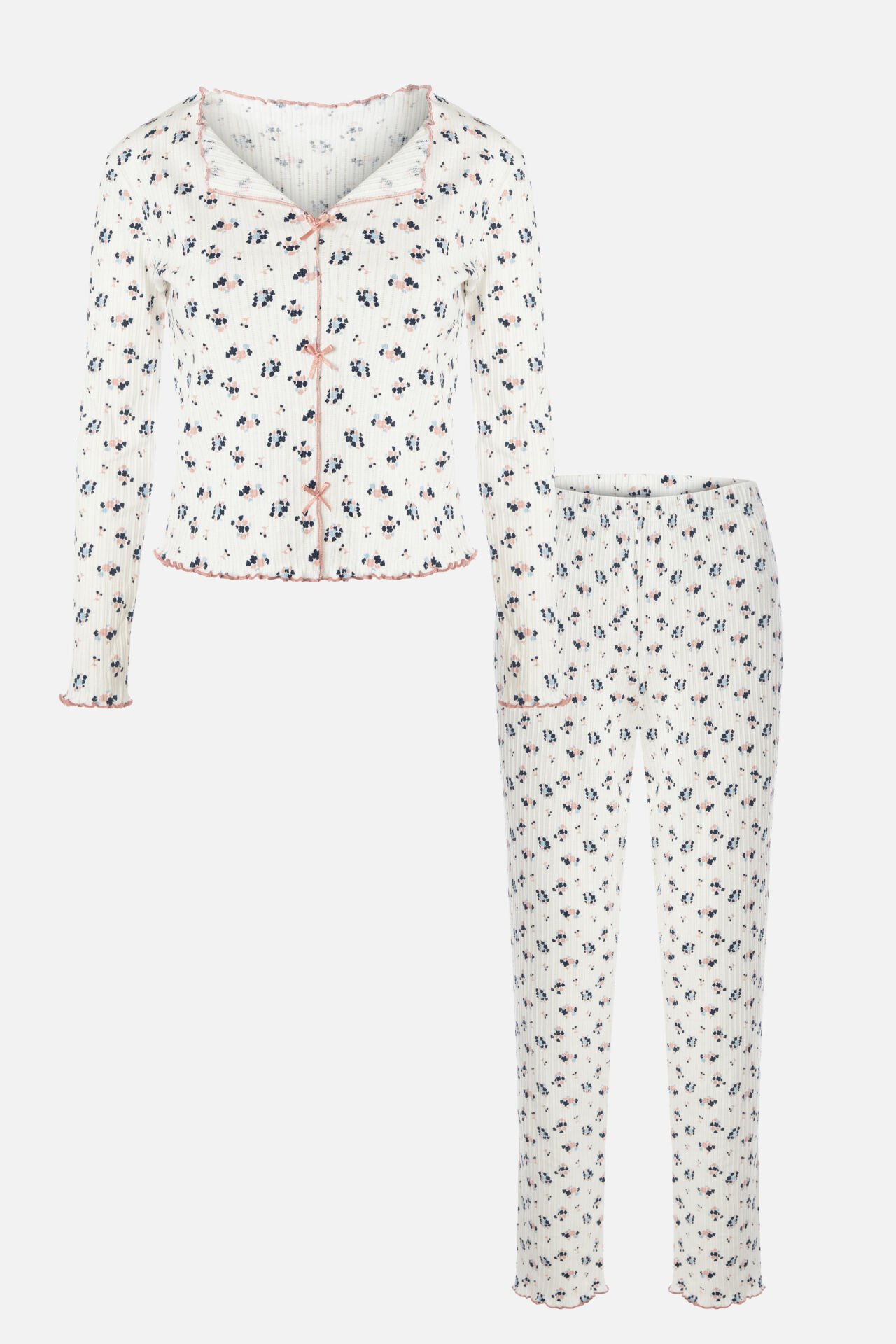 Sevgililer Günü Temalı Kadın Pamuklu Çıtır Çiçek Desenli Baby Overloklu Fiyonklu Uzun Kollu Pijama Takımı S - Beyaz - Ten