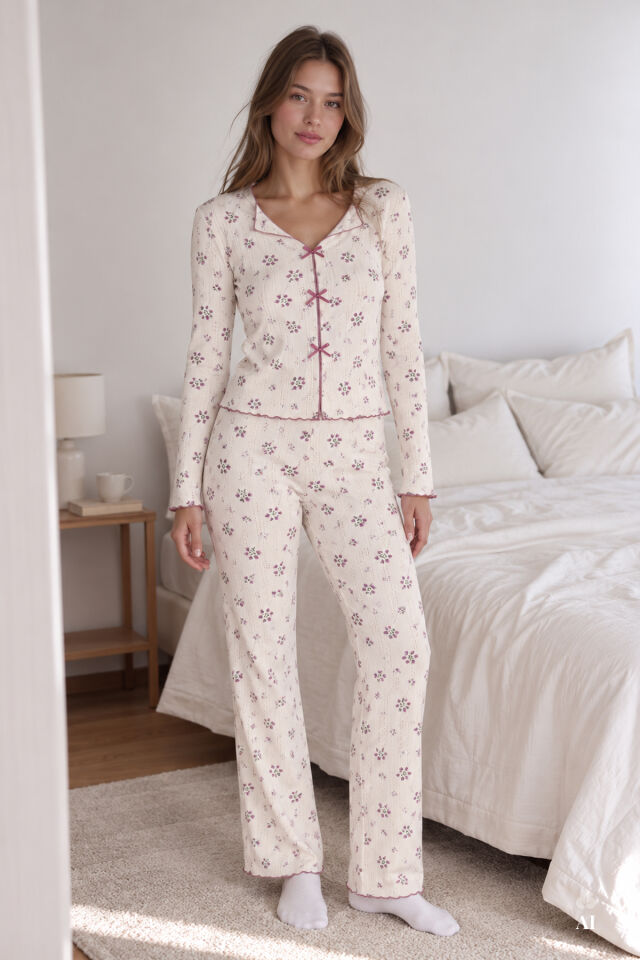 Sevgililer Günü Temalı Kadın Pamuklu Çıtır Çiçek Desenli Baby Overloklu Fiyonklu Uzun Kollu Pijama Takımı Mor - Ekru - S
