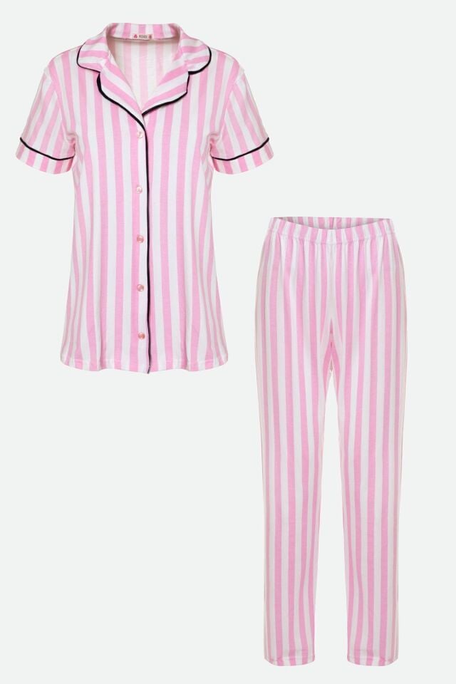 Kadın Pamuklu Pembe Çizgili Ara Biyeli Kısa Kollu Pijama Takımı KO7306TS-7 Pembe Çizgili - S - KO7306TS-7 Pembe Çizgili - S