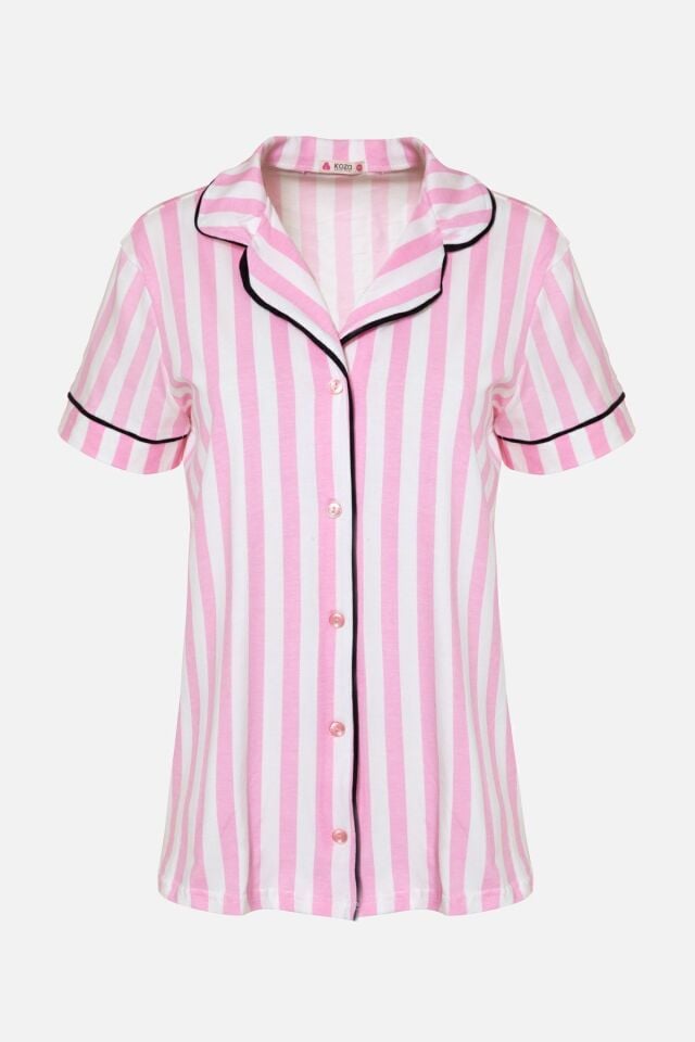 Kadın Pamuklu Pembe Çizgili Ara Biyeli Kısa Kollu Pijama Takımı KO7306TS-7 Pembe Çizgili - S - KO7306TS-7 Pembe Çizgili - S
