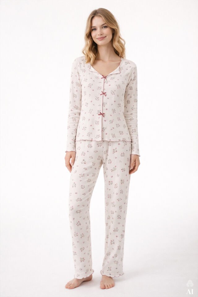 Sevgililer Günü Temalı Kadın Pamuklu Çıtır Çiçek Desenli Baby Overloklu Fiyonklu Uzun Kollu Pijama Takımı Mor - Ekru - L