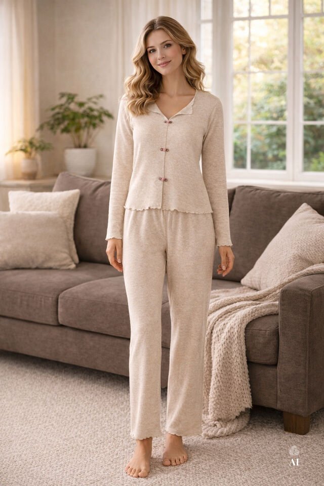 Sevgililer Günü Temalı Kadın Pamuklu Çıtır Çiçek Desenli Baby Overloklu Fiyonklu Uzun Kollu Pijama Takımı S