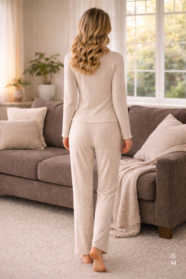 Sevgililer Günü Temalı Kadın Pamuklu Çıtır Çiçek Desenli Baby Overloklu Fiyonklu Uzun Kollu Pijama Takımı S