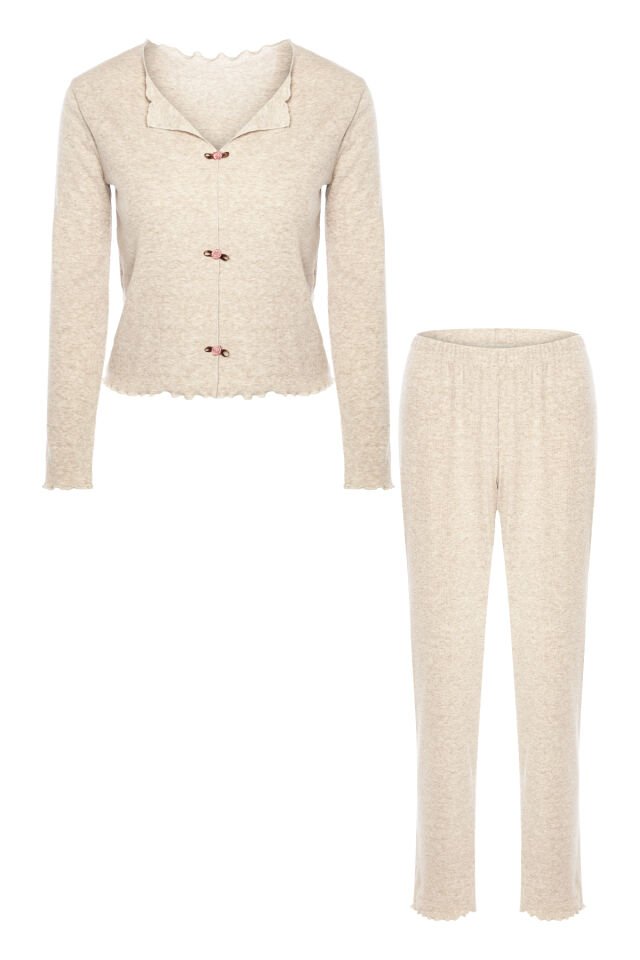 Sevgililer Günü Temalı Kadın Pamuklu Çıtır Çiçek Desenli Baby Overloklu Fiyonklu Uzun Kollu Pijama Takımı S