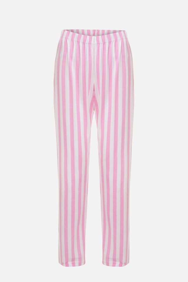 Kadın Pamuklu Pembe Çizgili Ara Biyeli Kısa Kollu Pijama Takımı KO7306TS-7 Pembe Çizgili - L - KO7306TS-7 Pembe Çizgili - L