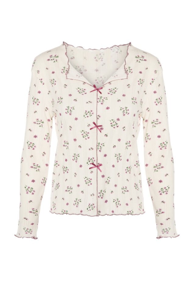 Sevgililer Günü Temalı Kadın Pamuklu Çıtır Çiçek Desenli Baby Overloklu Fiyonklu Uzun Kollu Pijama Takımı Mor - Ekru - L