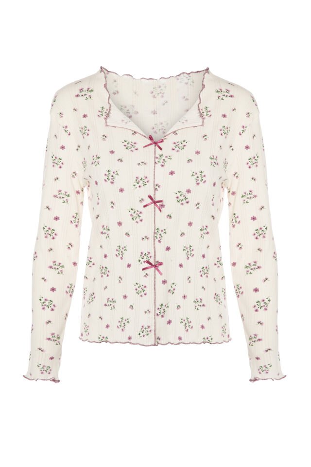 Sevgililer Günü Temalı Kadın Pamuklu Çıtır Çiçek Desenli Baby Overloklu Fiyonklu Uzun Kollu Pijama Takımı Mor - Ekru - L