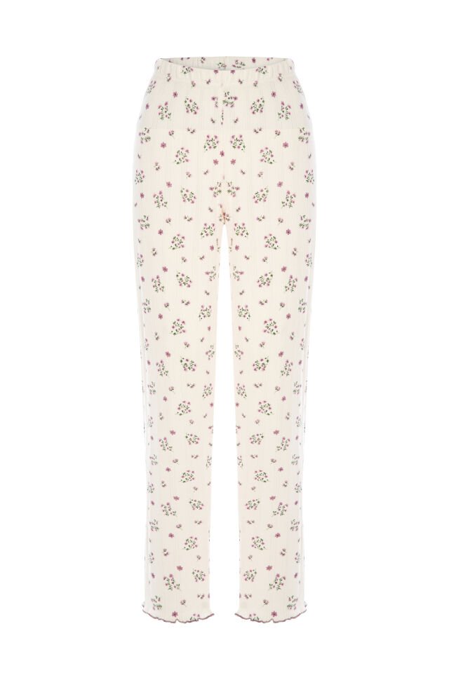 Sevgililer Günü Temalı Kadın Pamuklu Çıtır Çiçek Desenli Baby Overloklu Fiyonklu Uzun Kollu Pijama Takımı Mor - Ekru - L