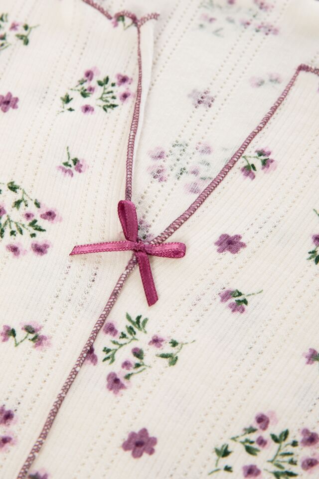 Sevgililer Günü Temalı Kadın Pamuklu Çıtır Çiçek Desenli Baby Overloklu Fiyonklu Uzun Kollu Pijama Takımı Mor - Ekru - L