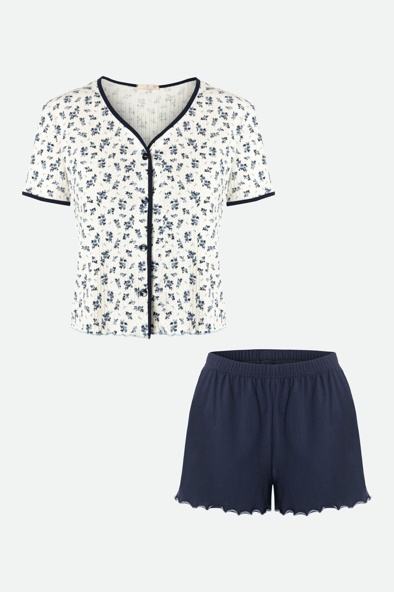 Kadın Çiçek Desenli Ajur Kaşkorse Şortlu Pijama Takımı M - Ekru - Siyah