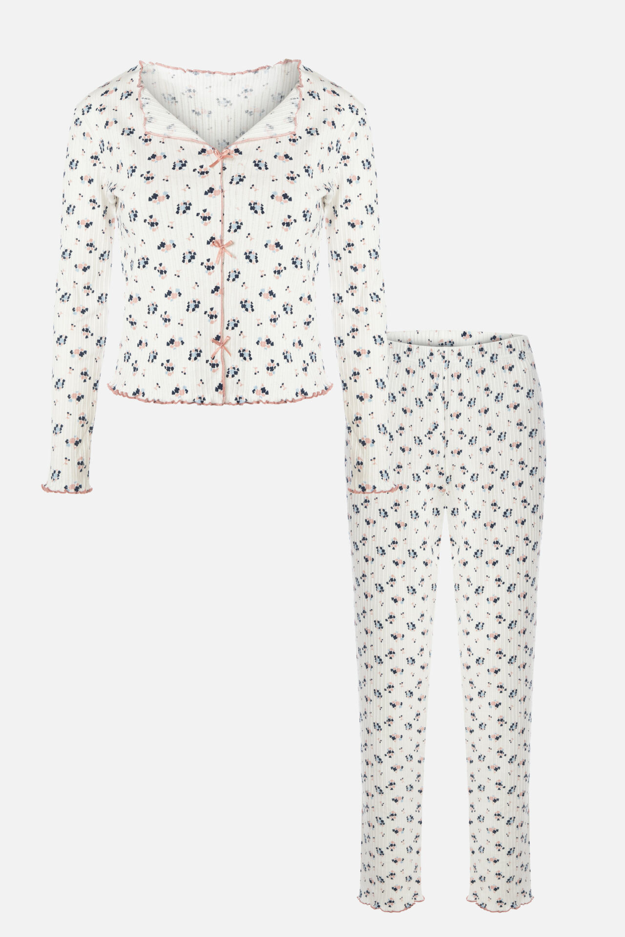 Sevgililer Günü Temalı Kadın Pamuklu Çıtır Çiçek Desenli Baby Overloklu Fiyonklu Uzun Kollu Pijama Takımı XL - Beyaz - Ten