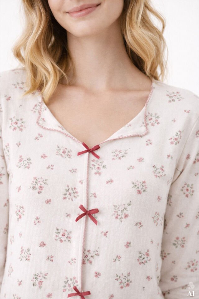 Sevgililer Günü Temalı Kadın Pamuklu Çıtır Çiçek Desenli Baby Overloklu Fiyonklu Uzun Kollu Pijama Takımı Mor - Ekru - XL