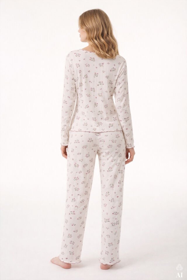 Sevgililer Günü Temalı Kadın Pamuklu Çıtır Çiçek Desenli Baby Overloklu Fiyonklu Uzun Kollu Pijama Takımı Mor - Ekru - XL