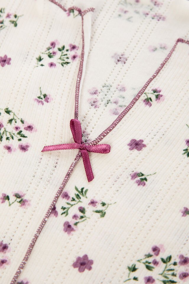 Sevgililer Günü Temalı Kadın Pamuklu Çıtır Çiçek Desenli Baby Overloklu Fiyonklu Uzun Kollu Pijama Takımı Mor - Ekru - XL