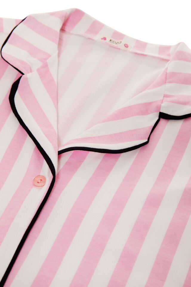 Kadın Pamuklu Pembe Çizgili Ara Biyeli Kısa Kollu Pijama Takımı KO7306TS-7 Pembe Çizgili - XL - KO7306TS-7 Pembe Çizgili - XL