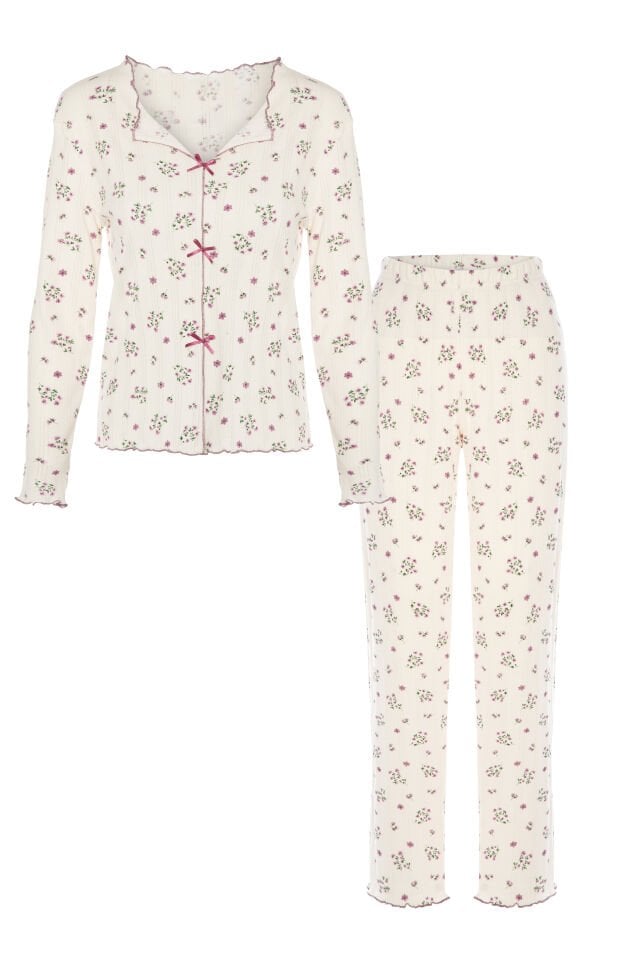 Sevgililer Günü Temalı Kadın Pamuklu Çıtır Çiçek Desenli Baby Overloklu Fiyonklu Uzun Kollu Pijama Takımı Mor - Ekru - XL