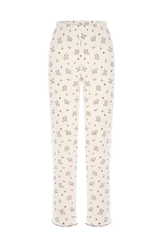 Sevgililer Günü Temalı Kadın Pamuklu Çıtır Çiçek Desenli Baby Overloklu Fiyonklu Uzun Kollu Pijama Takımı Mor - Ekru - XL