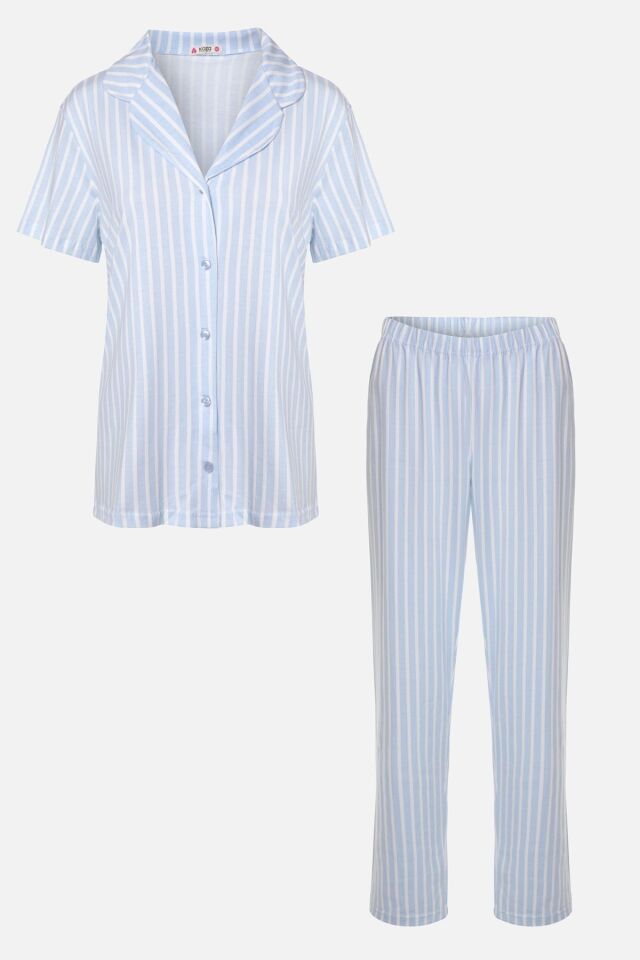Kadın Pamuklu Pembe Çizgili Ara Biyeli Kısa Kollu Pijama Takımı KO7308TS-1 Mavi Çizgili - M - KO7308TS-1 Mavi Çizgili - M