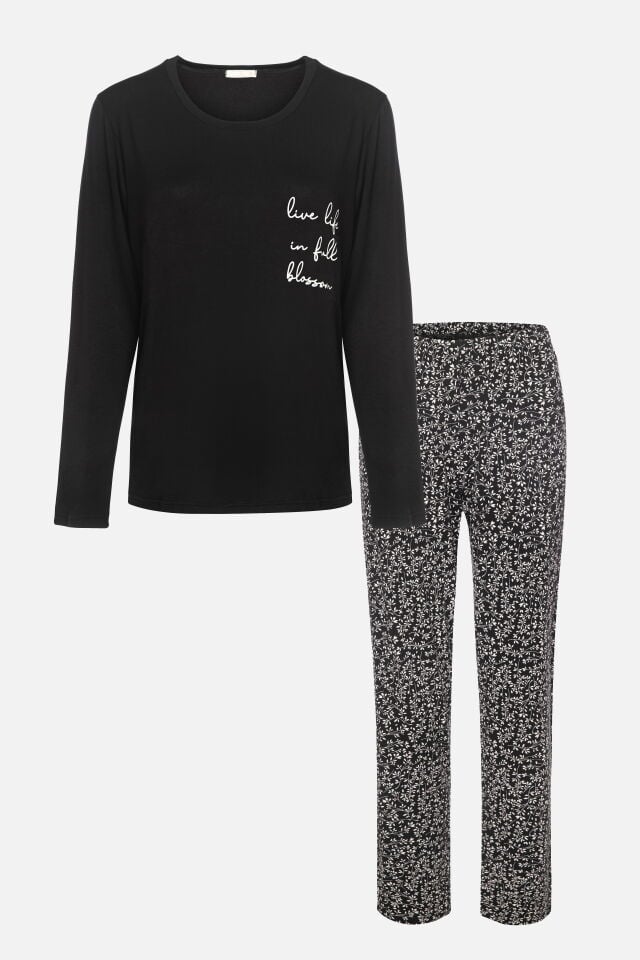 Kadın Baskılı Yaprak Desenli Yumuşak Dokulu Viskon Pijama Takımı S - Siyah - Beyaz