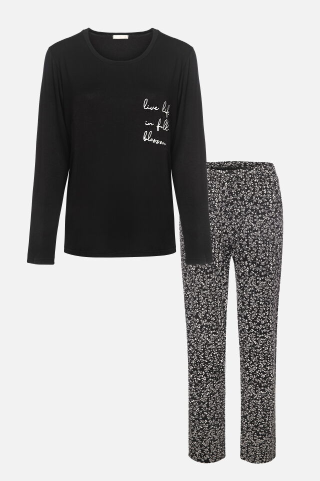 Kadın Baskılı Yaprak Desenli Yumuşak Dokulu Viskon Pijama Takımı S - Siyah - Beyaz