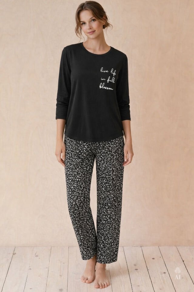 Kadın Baskılı Yaprak Desenli Yumuşak Dokulu Viskon Pijama Takımı S - Siyah - Beyaz