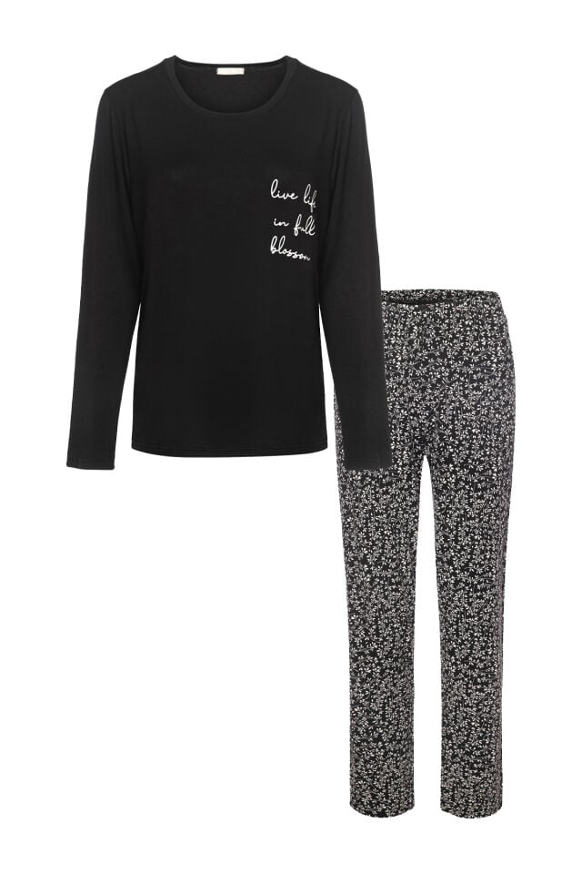 Kadın Baskılı Yaprak Desenli Yumuşak Dokulu Viskon Pijama Takımı S - Siyah - Beyaz