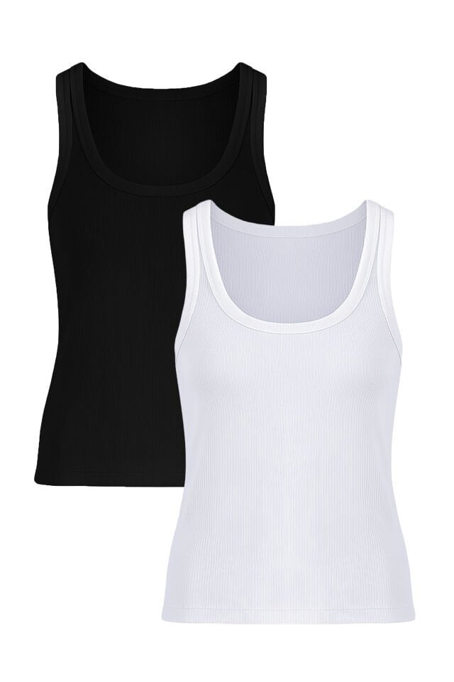 Kadın Pamuklu U Yaka Kaşkorse Atlet 2 Adet 2XL - Siyah - Beyaz