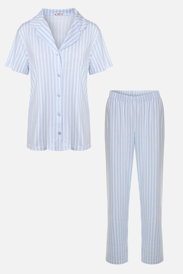 Kadın Pamuklu Pembe Çizgili Ara Biyeli Kısa Kollu Pijama Takımı KO7308TS-1 Mavi Çizgili - S - KO7308TS-1 Mavi Çizgili - S