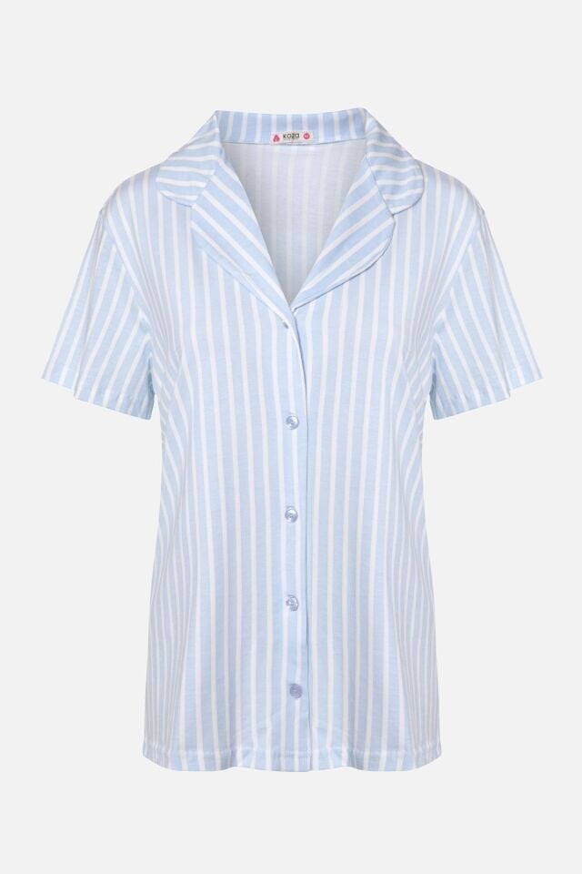 Kadın Pamuklu Pembe Çizgili Ara Biyeli Kısa Kollu Pijama Takımı KO7308TS-1 Mavi Çizgili - S - KO7308TS-1 Mavi Çizgili - S