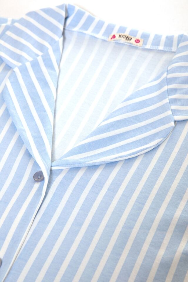 Kadın Pamuklu Pembe Çizgili Ara Biyeli Kısa Kollu Pijama Takımı KO7308TS-1 Mavi Çizgili - S - KO7308TS-1 Mavi Çizgili - S