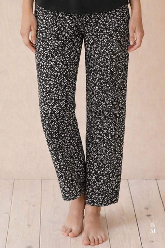 Kadın Baskılı Yaprak Desenli Yumuşak Dokulu Viskon Pijama Takımı L - Siyah - Beyaz