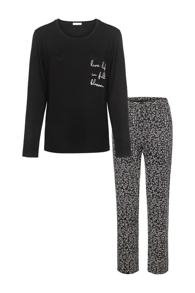 Kadın Baskılı Yaprak Desenli Yumuşak Dokulu Viskon Pijama Takımı L - Siyah - Beyaz