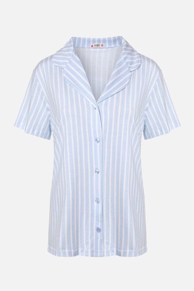 Kadın Pamuklu Pembe Çizgili Ara Biyeli Kısa Kollu Pijama Takımı KO7308TS-1 Mavi Çizgili - L - KO7308TS-1 Mavi Çizgili - L