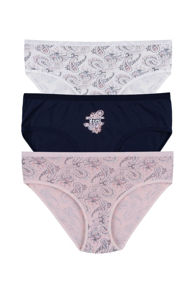 3'lü Desenli Pamuklu Yüksek Bel Bato Lacivert - Beyaz - XL